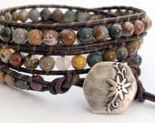 Beaded Leather Wrap Bracelet, Ocean Jasper, Gemstone, Triple Wrap, Multicolor