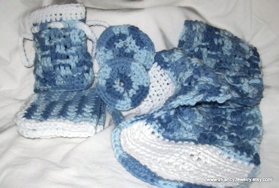 White, Light Blue, Baby Blue, Dark Blue Bath/Travel Set Back Scrubber,  Soap Saver, Washcloth, Facial Scrubbies