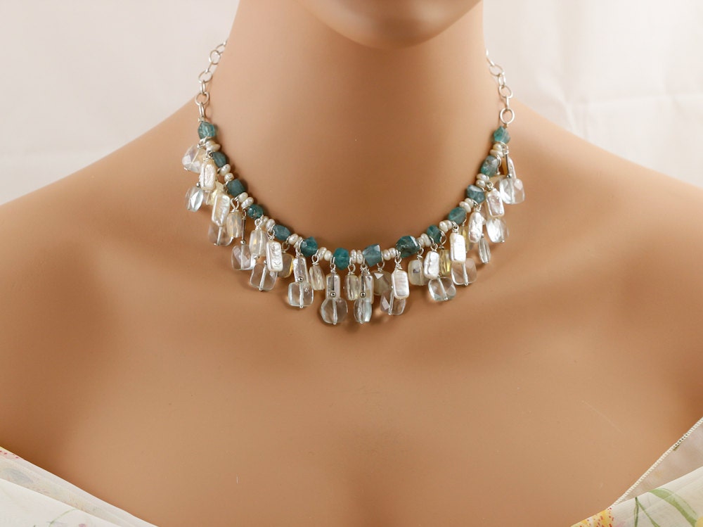 Bridal apatite necklace, pastel blue stones necklace, sun stone beads , pearl, sterling silver chain, artisan, fine jewelry