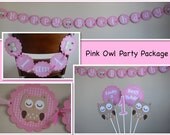 Pink Owl Party Package, Birthday Banner, High Chair Banner, Centerpeice