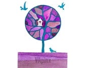 Print of original watercolor painting, violet tree with birds and birdhouse - P2 (O8) A4, kids wall art, nursery decor , tree illustration