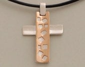 Cross in rubber cord, modern cross for men- women, silver and brass or copper, gift under 50 usd, mixed metal jewelry ST639