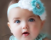 Aqua and white Baby headband, vintage headband, shabby chic roses headband, baby hair accessories - SAVANIboutique