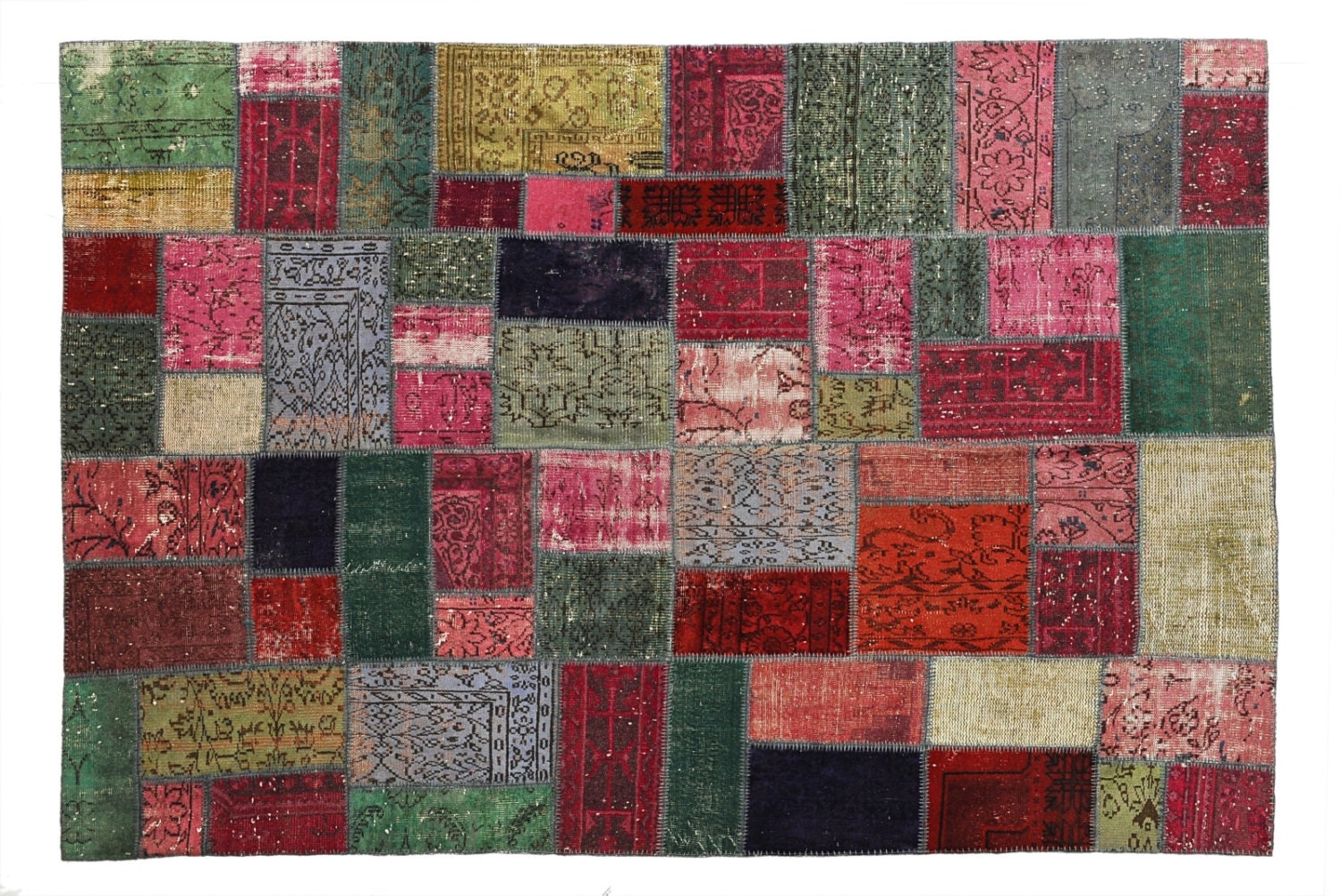 Multi-Color Over Dyed Patchwork Rug - 10.0 x 6.7 feet - ( 304 x 203 cm) Handmade from rectangular tiles of Vintage Turkish Rugs-SLH46