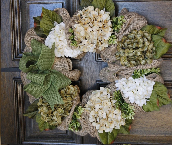 Spring Easter wreath, Burlap wreath, Hydrangea wreath