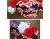 Red, White & Blue Zebra Baby 3-18 months Bloomer Diaper Cover with Headband