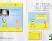 Custom Printable  Birthday Party Photo Invitation set -  Monster theme. Birthday Invitation. Thank you card. Labels. Party - Best price