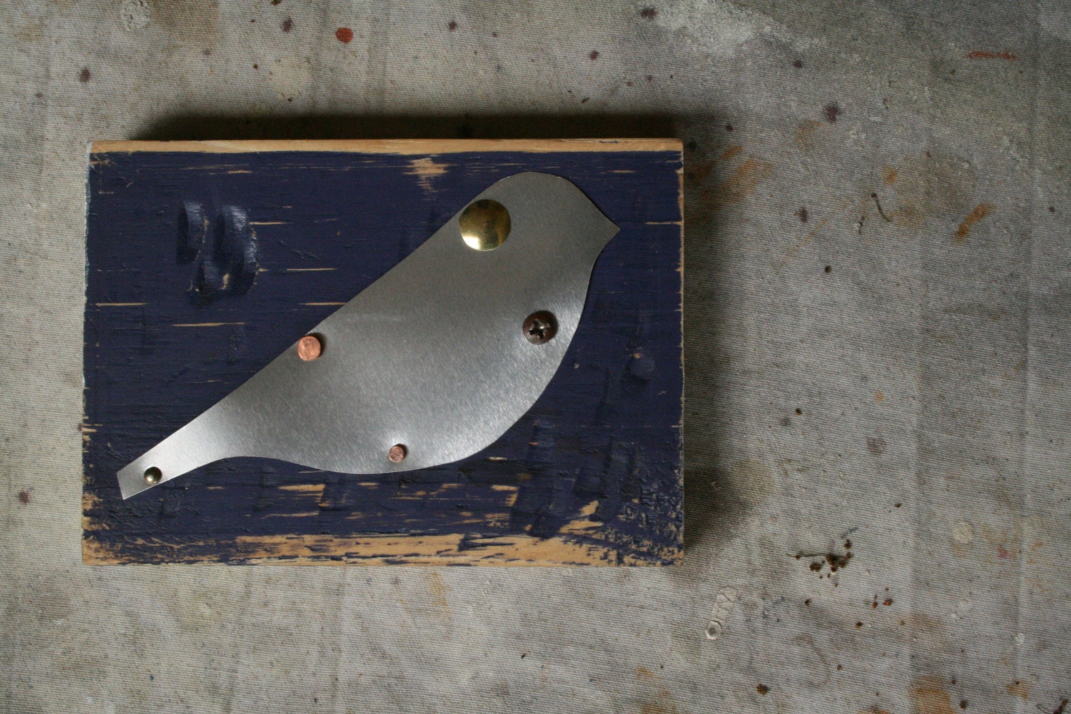 Continuous Thrush "Silhouette, Reclaimed Art, Bird, Wood Canvas, Recycled, Blue Bird, Mixed Media"