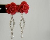 Red Rose Rhinestone and Pearl Dangle Earrings, Bridesmaid gifts, Wedding Jewelry, Anniversary Gift, Mom Gift