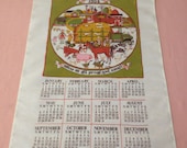 Vintage New (old stock) Farm Barnyard Animals 1984 Linen Calendar Cloth Kitchen Towel with Dowel "Bless Us All, Great and Small"