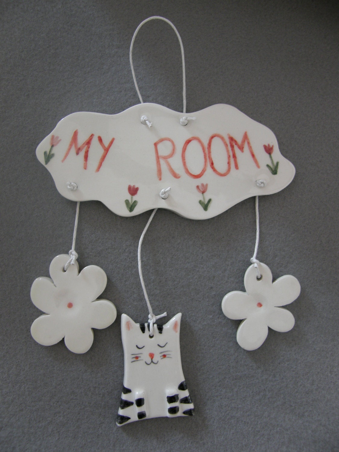 My Room - Ceramic  Wall Hanging, Cat, Flowers, White, Black, Red, Handmade, Unique, Nursery decor, Wall hanging