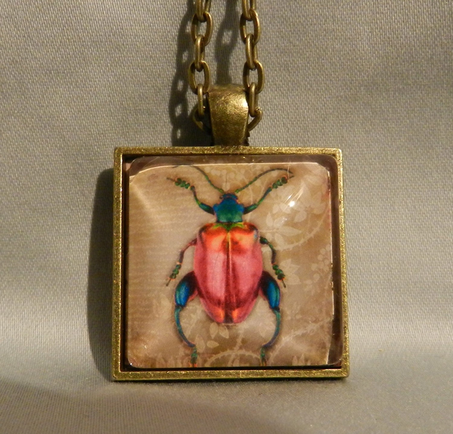 Pink and Blue Beetle Insect Pendant Necklace 1" Square Glass Cover Jewelry -  Plated Silver or Brass or Copper or Black