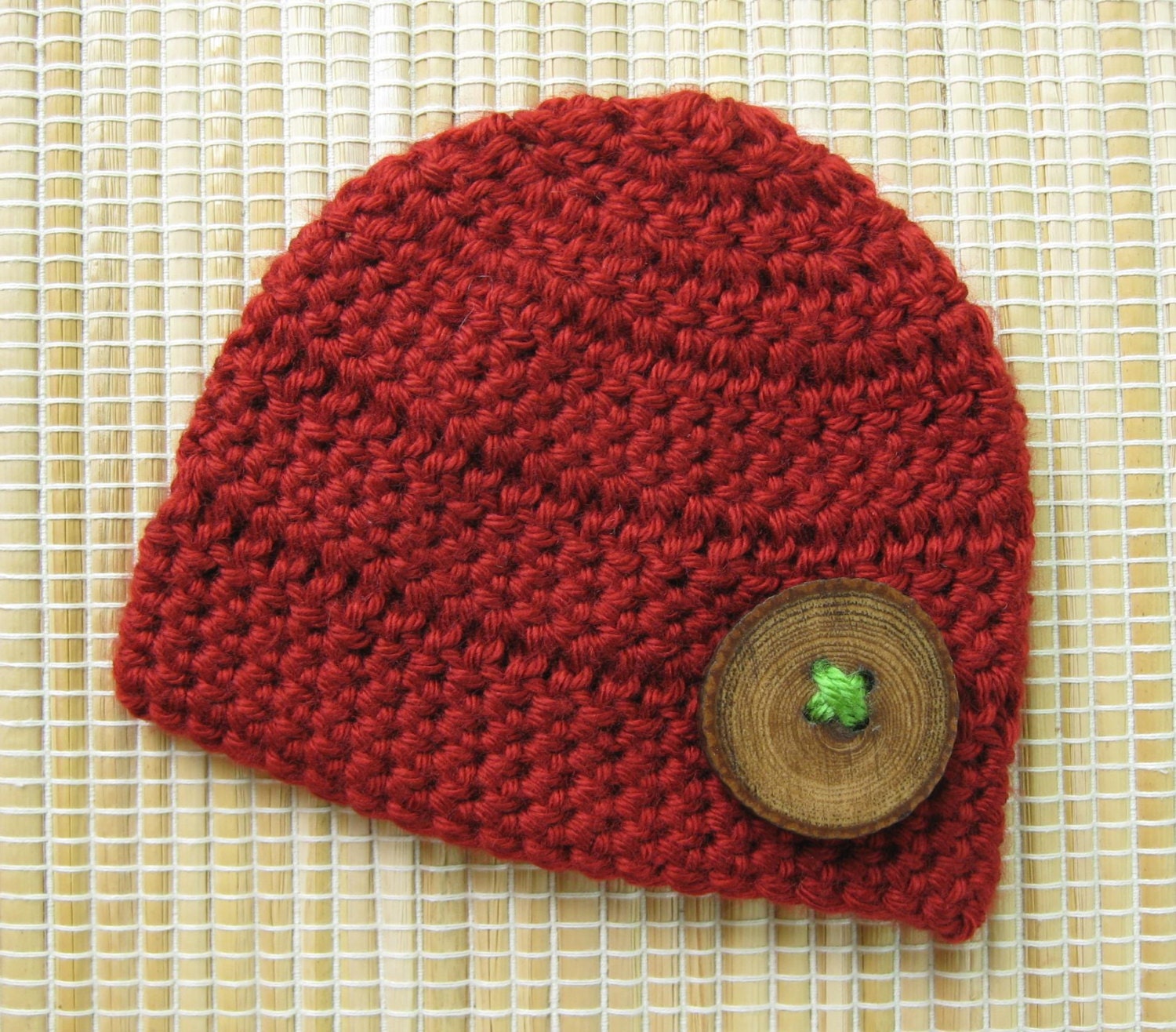 Red baby boy hat, newborn photo prop, wood button, crochet infant beanie, autumn red infant cap, fall winter Christmas Holiday Photography