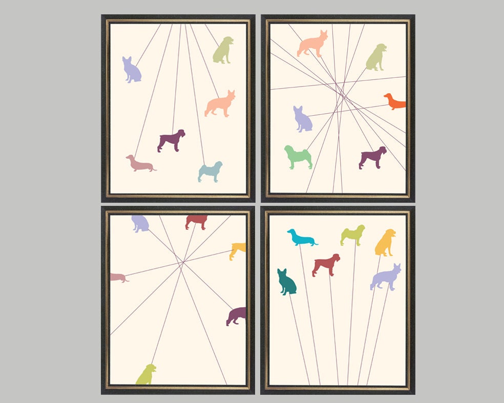 Color dogs Wall Art Set of 4 - print on Fine art watercolor paper 8x10 inch.