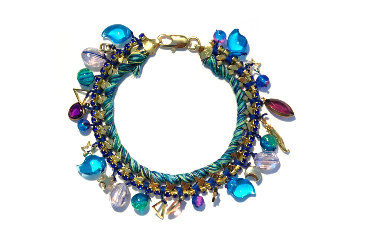 18k Gold Filled Charm Bracelet "Teardrop", woven with multi colored cotton thread.