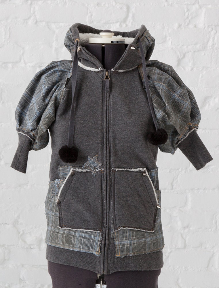 Up-cycled Recycled Vintage Zip Hoodie - OOAK Womens puff plaid short sleeve sweatshirt - gray black light blue skulls stars studs spikes