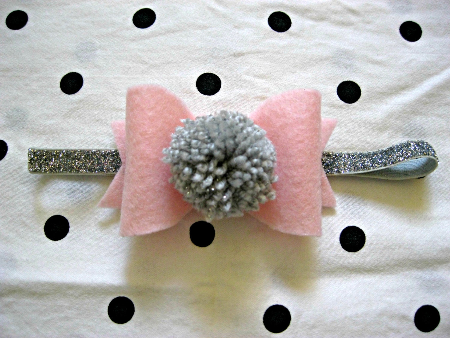 Baby Bow Headband-Pink Felt Bow With Silver Pom Pom On Sparkly Elastic
