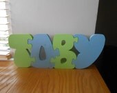 Plain Pine Standing Four Letter Name Jigsaw in 'Bubble' Font
