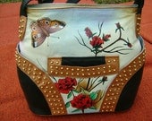 Hand Painted Designer 100% supple leather womans fashion butterfly butterflies roses large shoulder bag purse hand bag