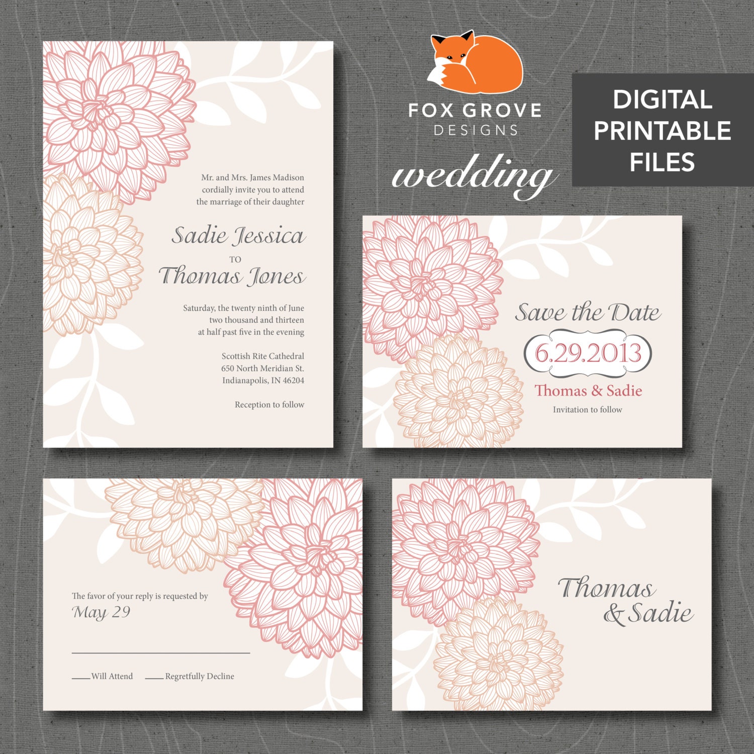 Wedding Suite: Invitation, RSVP, Save the Date, Thank You / "Dahlias" / Customizable, Printable Digital Files / Printing Available in U.S.