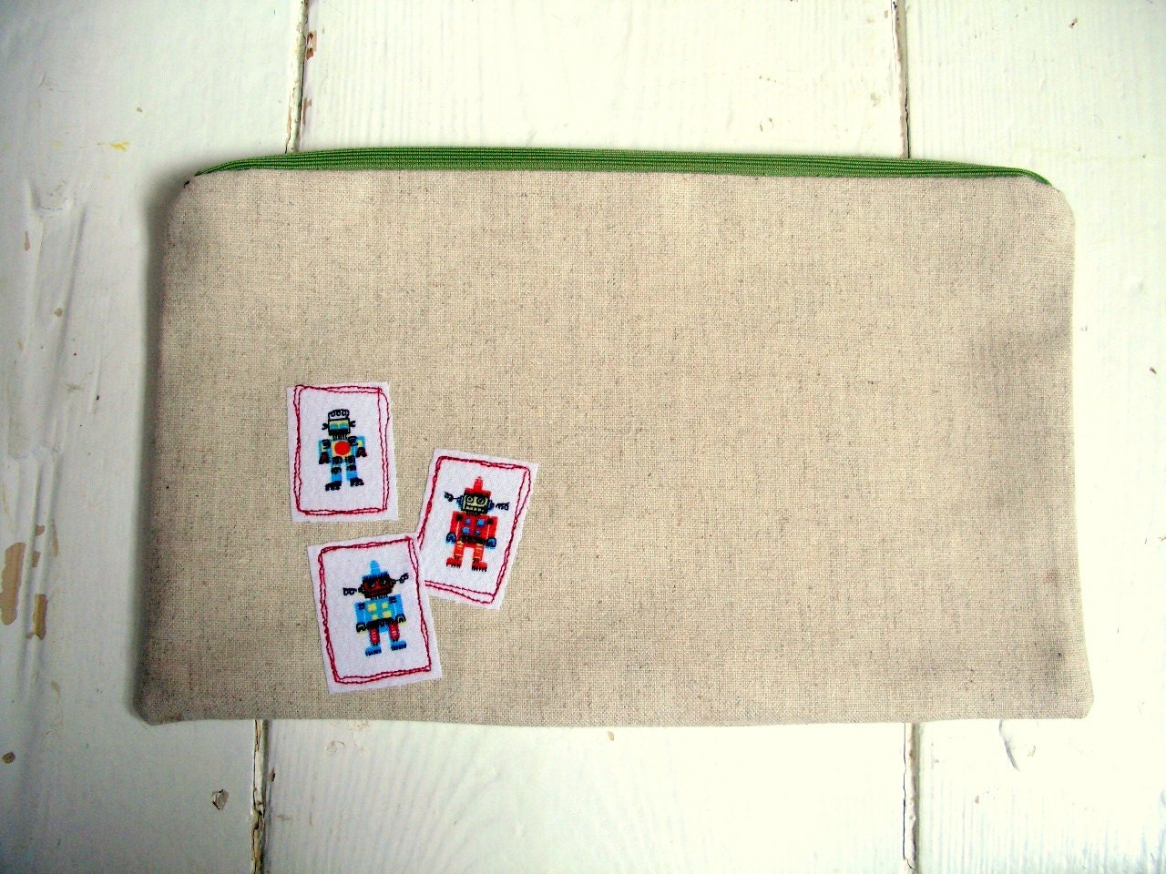 robots android applique Zakka linen pencil case pouch