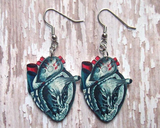 anatomical heart earrings diagram vintage ephemera medical anatomy doctor science