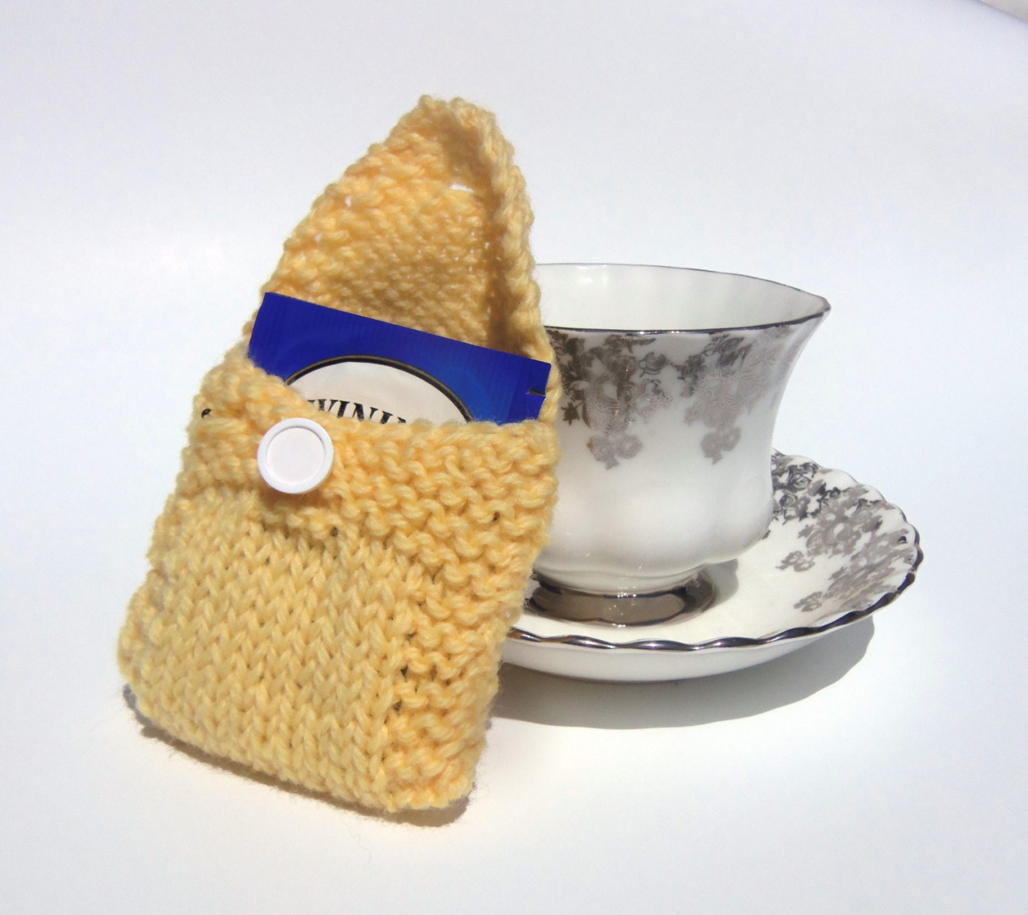 Hand Knit Tea Bag Cozy Holder Wallet Purse Sunshine Yellow with White Button