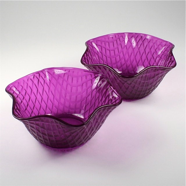 two vintage italian glass waffle ice cream bowls, 1980s, fuchsia
