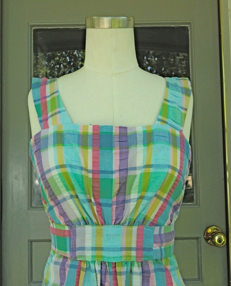 Vintage 70s Easter Egg Plaid Seersucker Stripe Country Cutie Ruffles Pockets Ribbon M