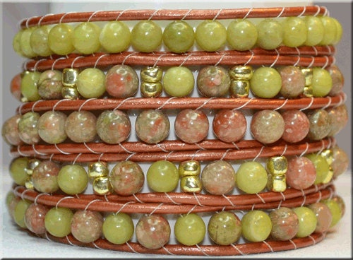 5 wrap Autumn Jasper and green New Jade with gold colored glass on metallic bronze leather