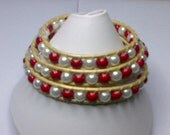 Red and White on Gold Leather Wrap Bracelet