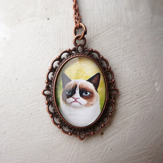 Grumpy Cat Antique Copper Necklace