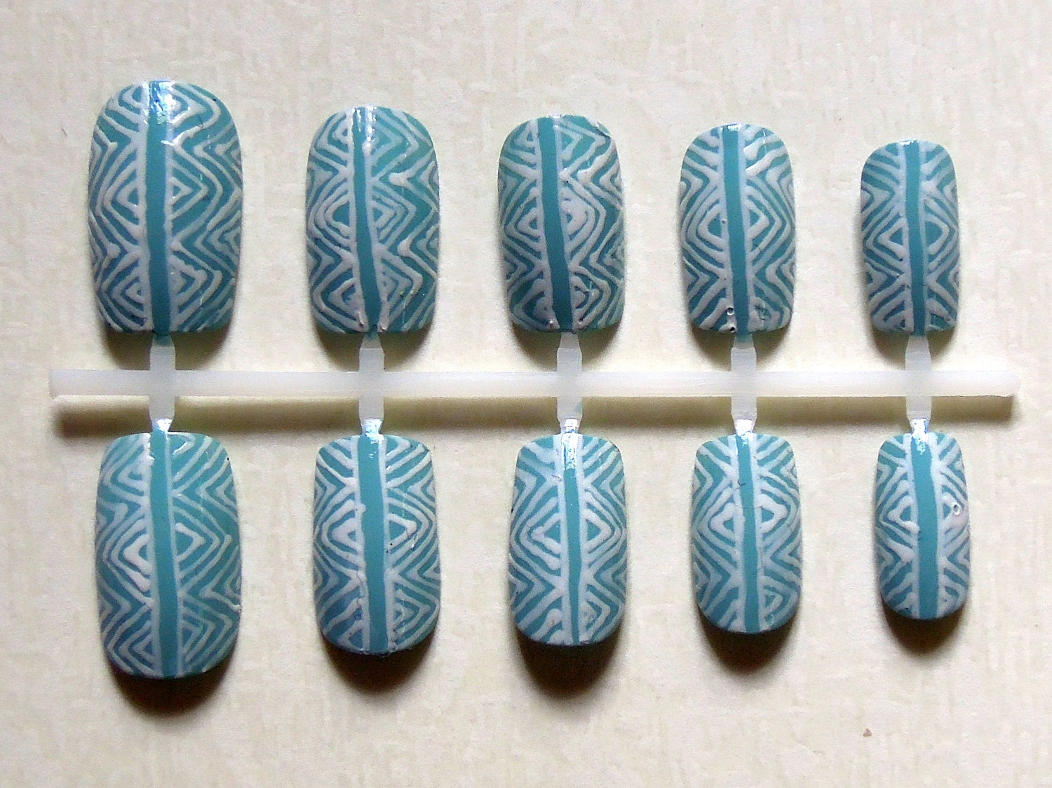 Handpainted Pastel / Baby Blue Aztec Fake Print Nail Set