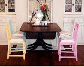 FREE SHIPPING, Handmade Vintage Wood, Set of 4 Four Seating, Upcycled Shabby Chic, Pink Blue Cream and Yellow CHAIRS W Modern Stripe Fabric