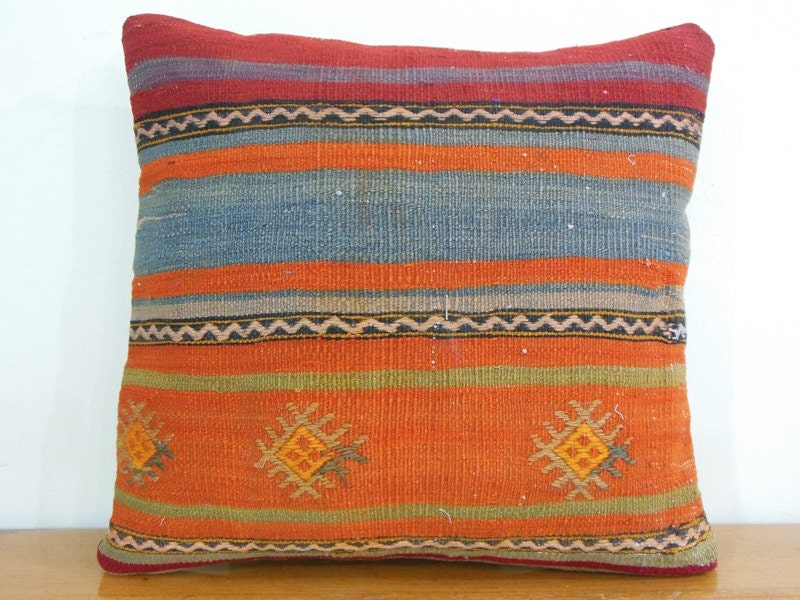 Hand Woven Large Turkish Kilim pillow Cover 20" Decorative throw pillow Orange pillow cover Orange Cushion cover Orange Throw Pillow Cover