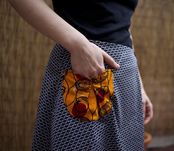 Unique A-Line, wrap around skirt with African wax fabric bar and pocket by Bzoing