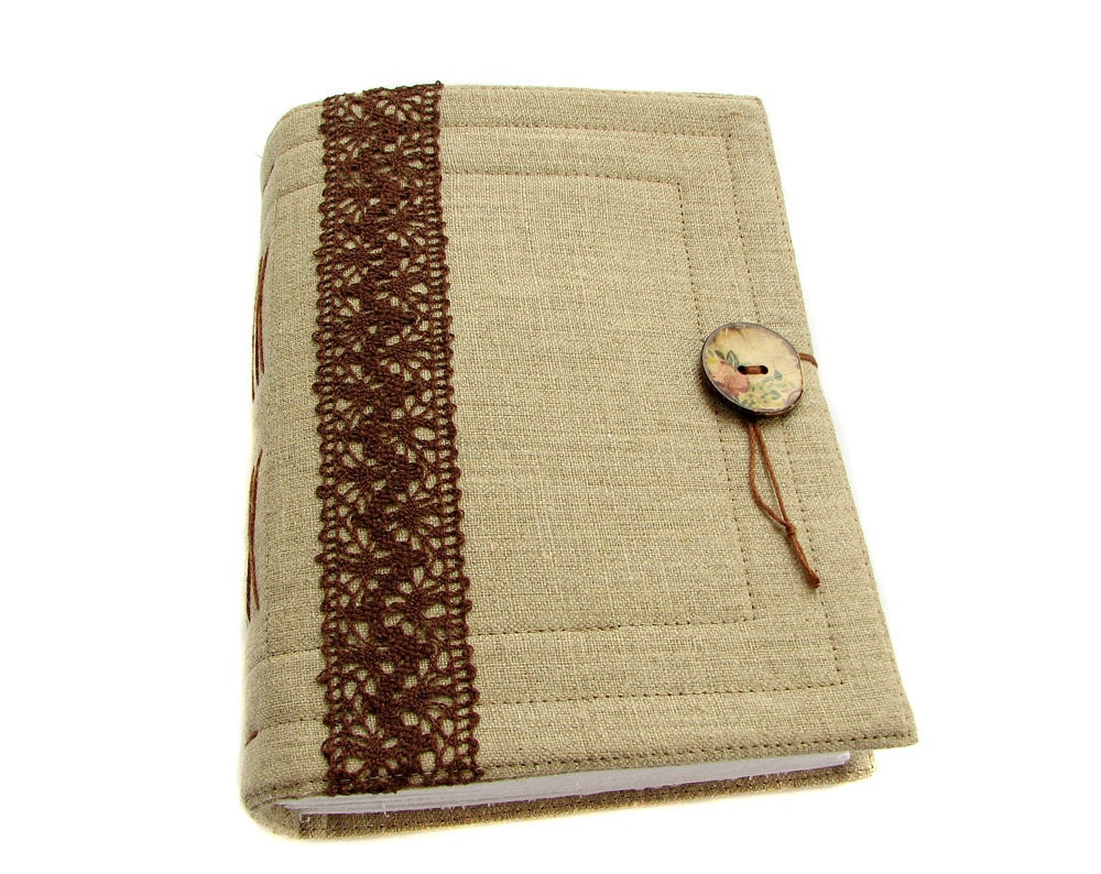 Large handmade lace journal, wedding guest book, diary, fabric linen cover, 240 pages, blank paper
