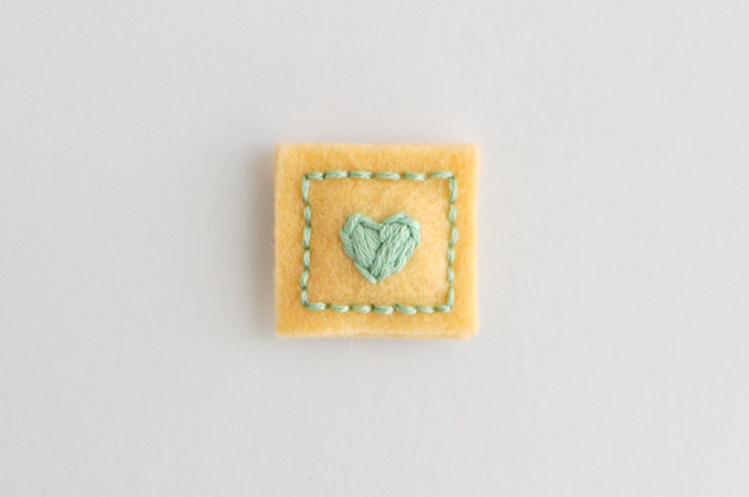 Hand-embroidered 1 Inch Square Heart Magnet, Mint Green on Peach Wool Felt, Fiber Art, Spring or Summer Decor, SPRING LOVE
