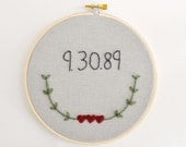 CUSTOM Special Date 6 Inch Hoop Art on Grey Linen, Baby Gift, Wedding Gift, Birthday, Heart Embroidery