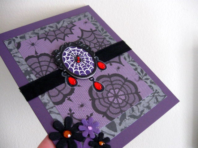Spider Greeting Card - Blank all occasion Halloween theme Black Purple