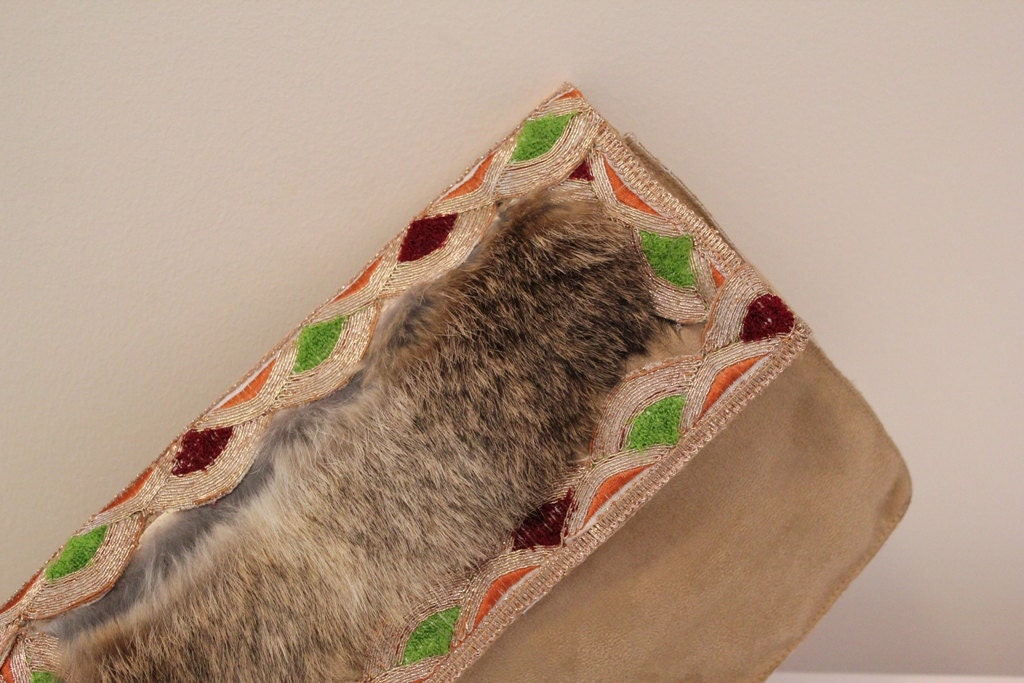 RAW WILD- Suede Clutch - FREE Shipping, Handmade Overlap Clutch, Bag, Purse, Boho, Fashion, Goat Fur, Neutral, Trimmings, Ethnic