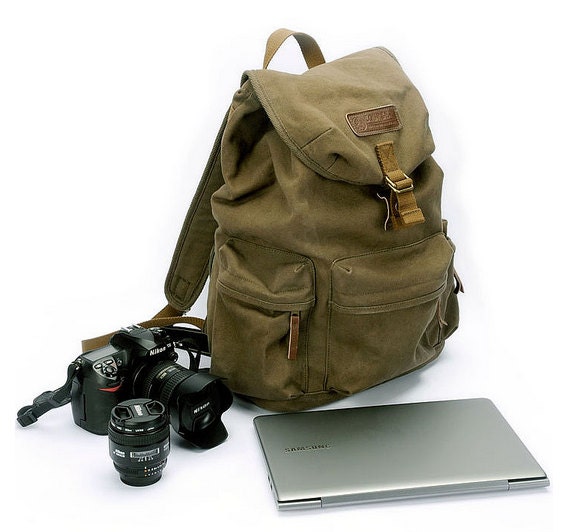 BACKPACK Camera Safari Bag - Serengeti - shoulders canvas with cowhide backpack - Medium Padded Camera Insert - Hand Crafted
