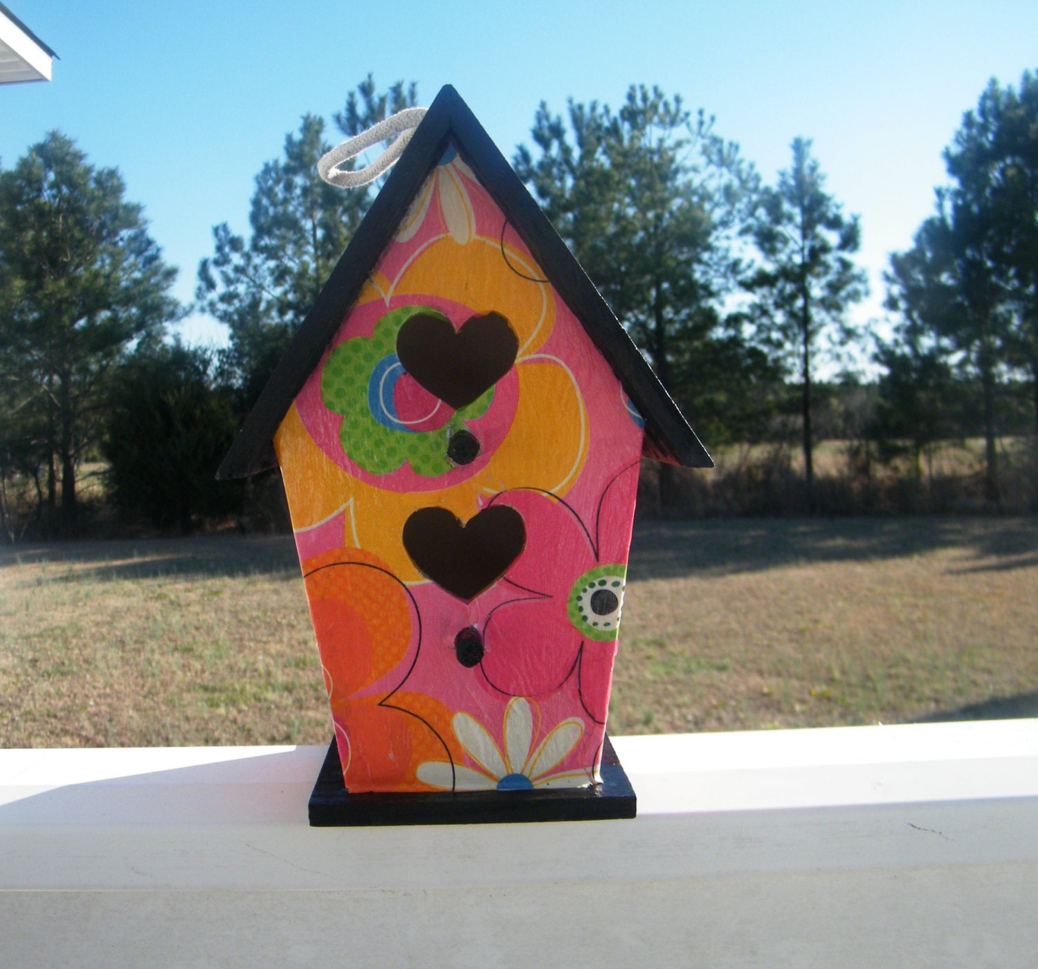 BRIGHT and COLORFUL BIRDHOUSE  with heart shaped entrances and two stoops