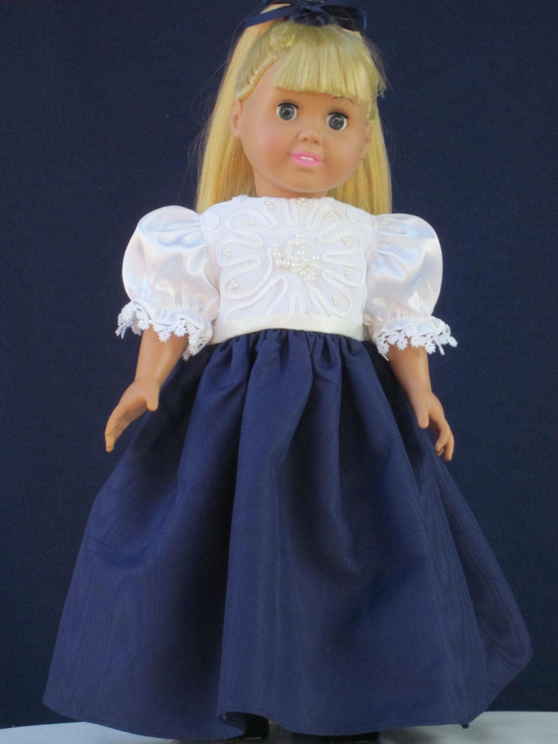 Navy & white evening gown for an 18" doll.