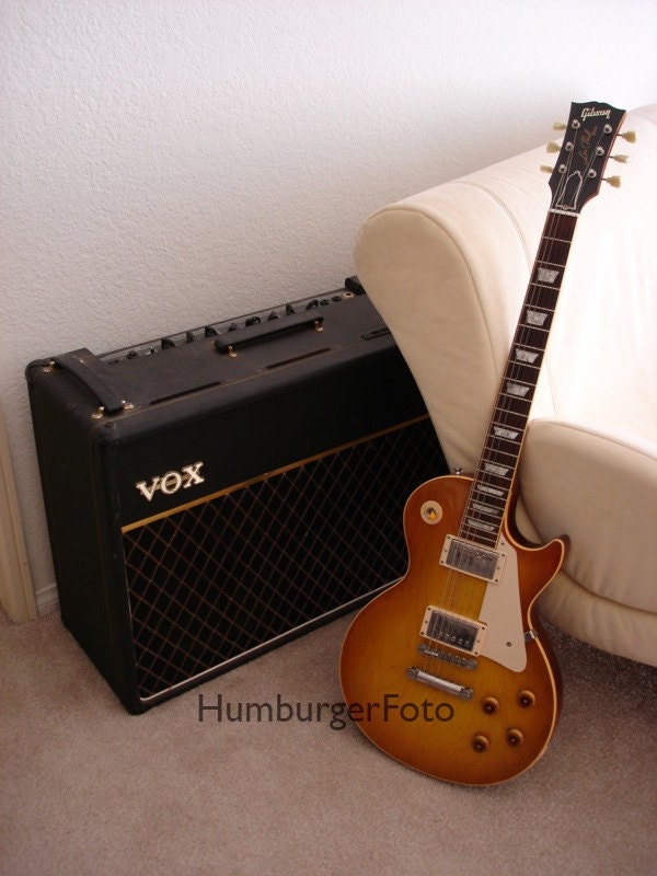 Amp and Guitar.  Electric guitar photo, Vox amp, Gibson guitar, guitar photo, guitar print, still life, music art print, musical instruments