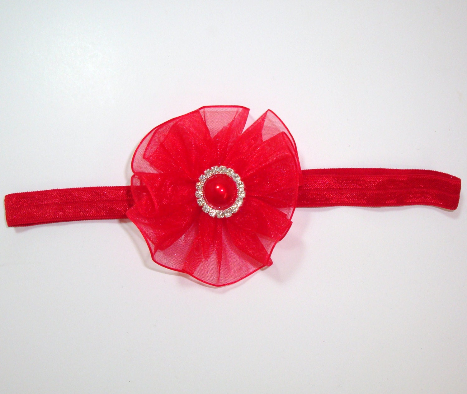 Red Organza Flower Bow with Rhinestone Pearl Button - Newborn Infant Baby Toddler Girl - Flower Bow on Alligator Clip Barrette OR Headband