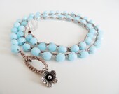 Blue crochet boho wrap necklace bracelet, long bohemian jewelry, aqua blue, southwest style, surfer girl beach chic