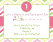 Chevron First Birthday Party Invitation Pink, Yellow, Green Printable