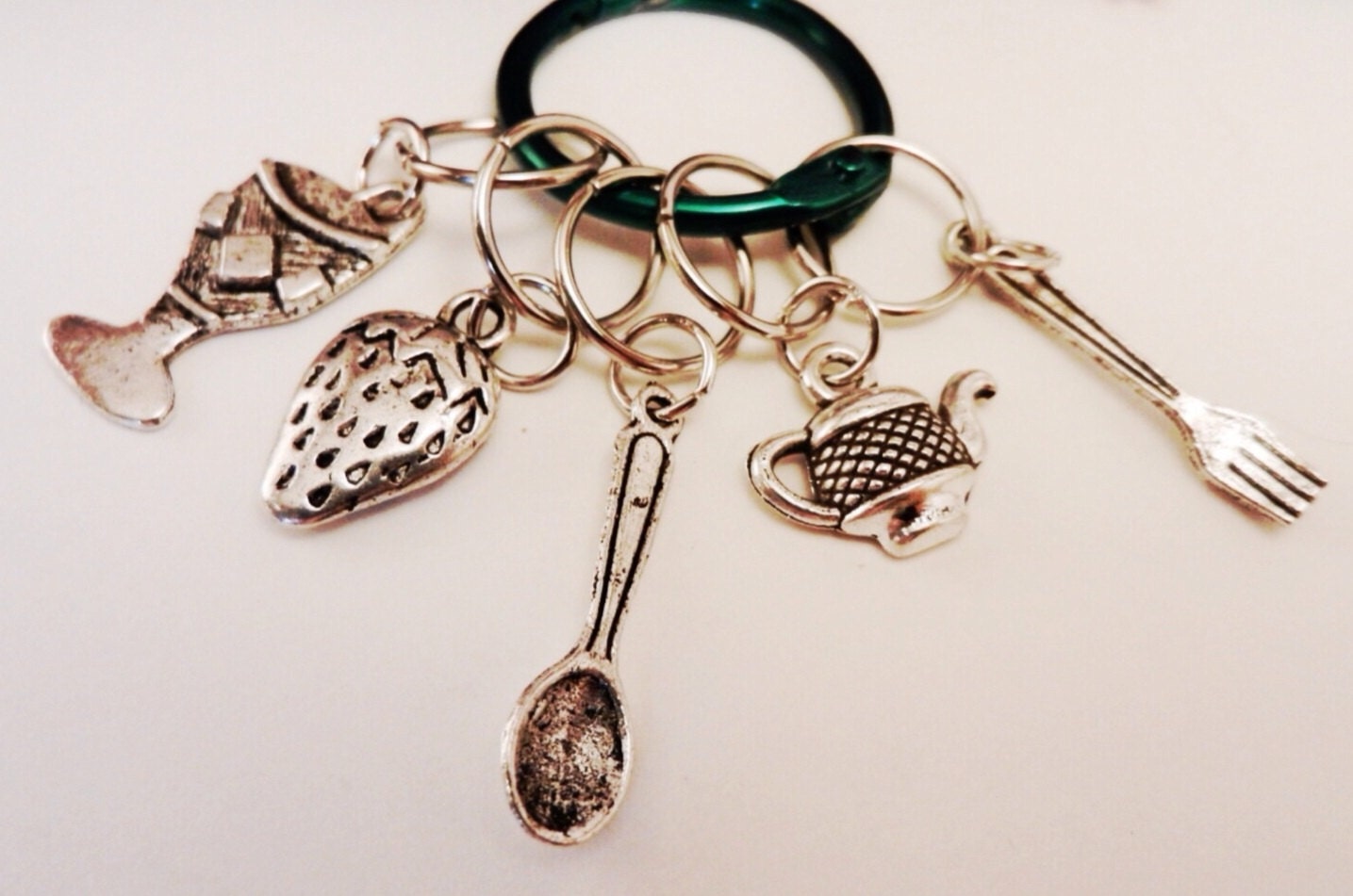 Knitting Stitch Markers, Set of 5 Charm Markers, Wine Glass, Strawberry, Spoon, Teapot, Fork