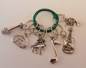 Knitting Stitch Markers, Set of 6 Music Charm Markers, Microphone, Boombox, Piano, Musical Note, Guitar, Horn